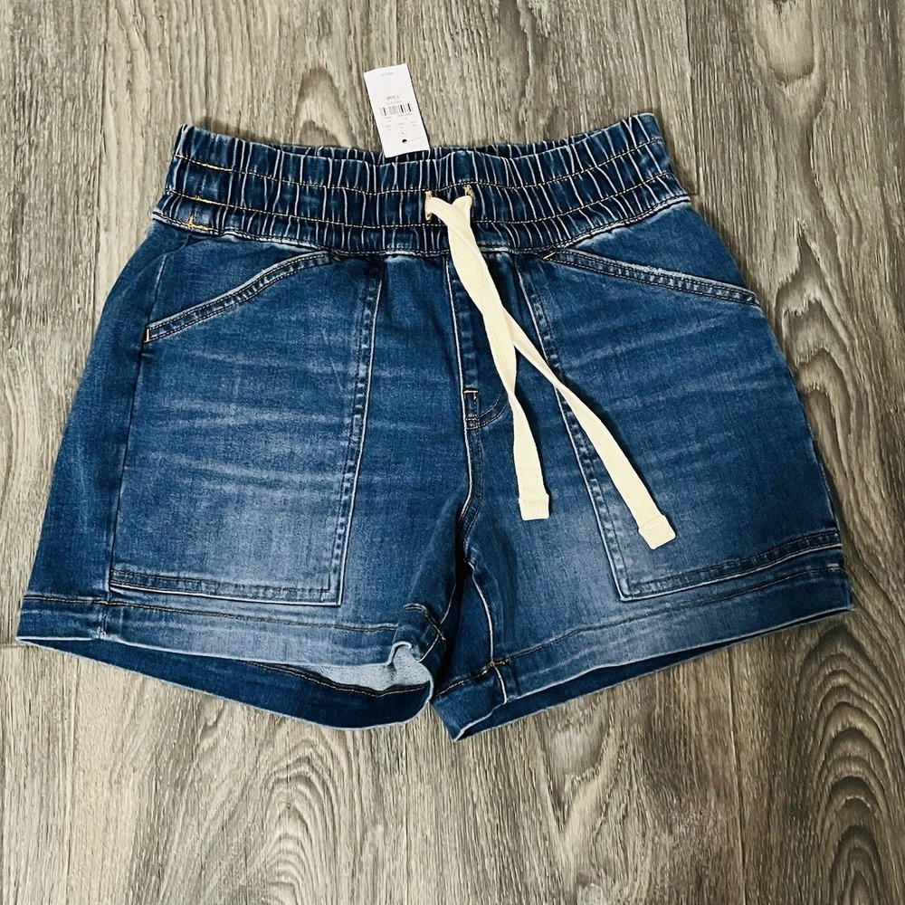 UpWest Womens Denim Jean Shorts Sz XS Elastic Waist High Rise Porkchop Pockets